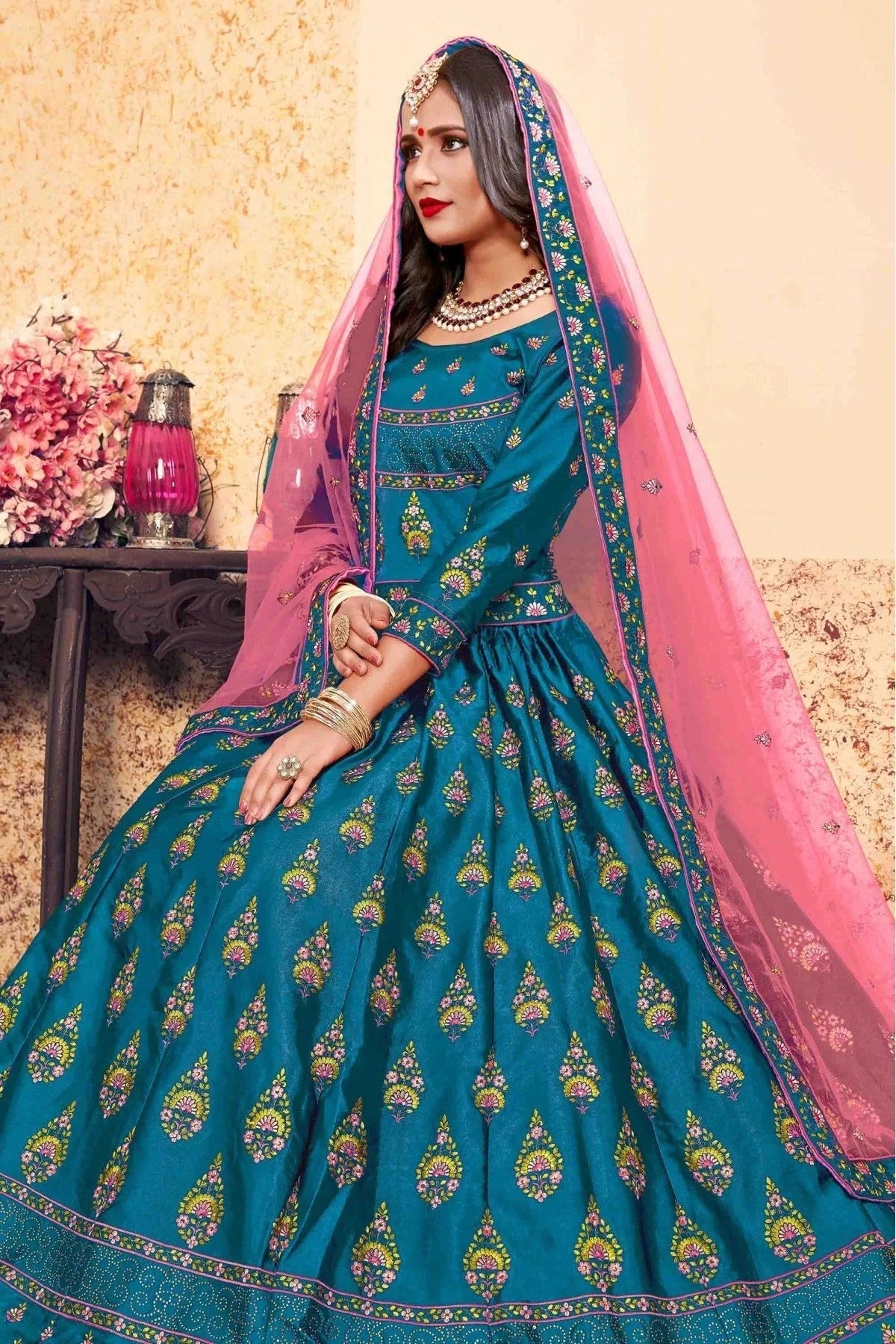 Teal and Blue Colour Satin Embroidery Lehenga Choli LC1080198 A