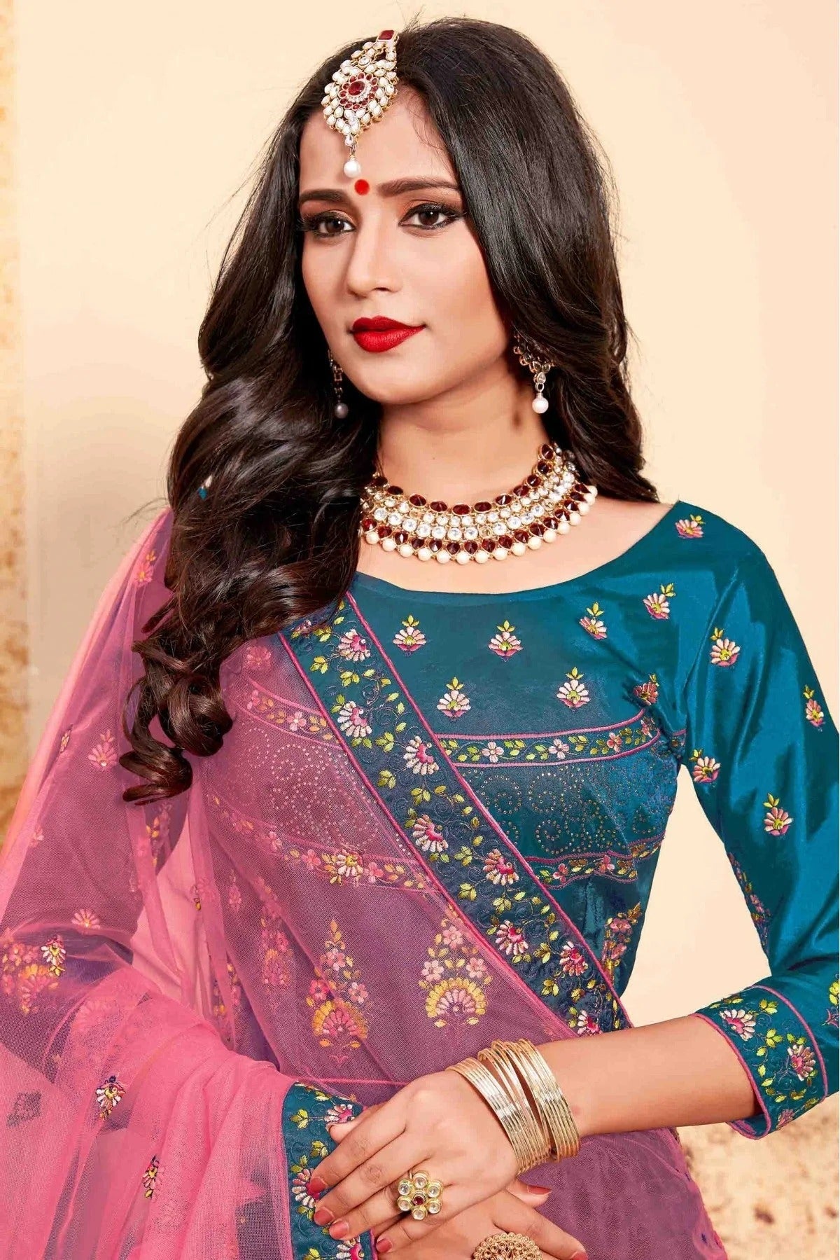 Teal and Blue Colour Satin Embroidery Lehenga Choli LC1080198 B
