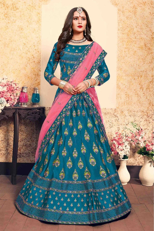 Teal and Blue Colour Satin Embroidery Lehenga Choli LC1080198
