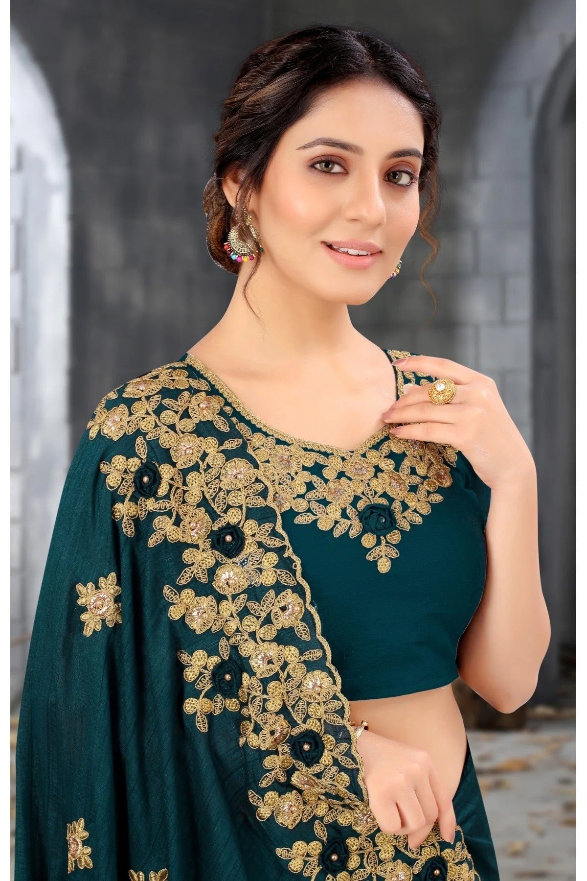 Teal and Blue Colour Silk Embroidery Saree SD1120811 A