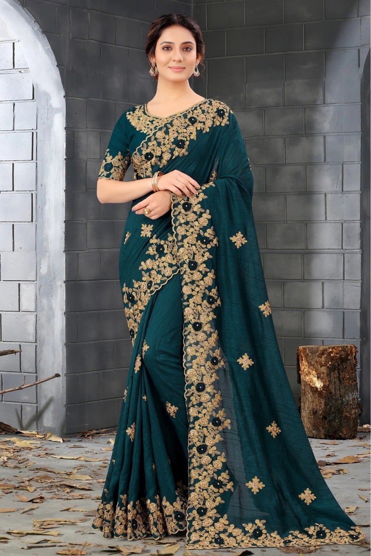 Teal and Blue Colour Silk Embroidery Saree SD1120811