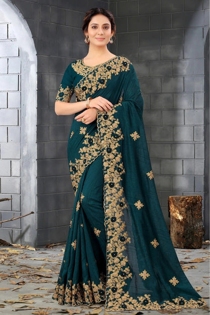 Teal and Blue Colour Silk Embroidery Saree SD1120811