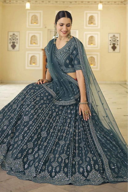 Teal and Blue Colour Soft Net Mirror Work Lehenga Choli LC1080359 A