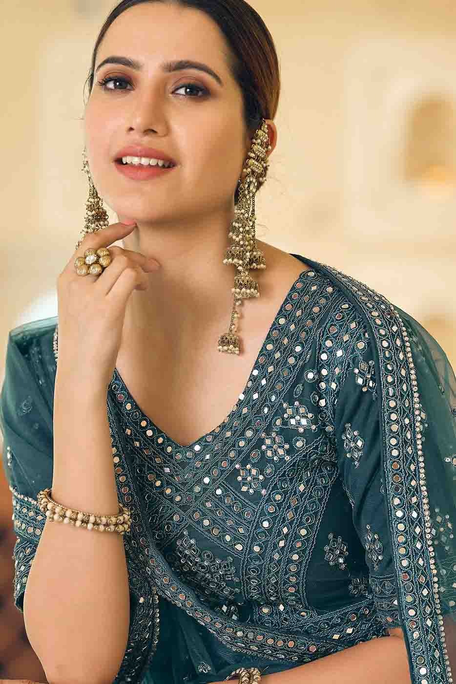 Teal and Blue Colour Soft Net Mirror Work Lehenga Choli LC1080359 B