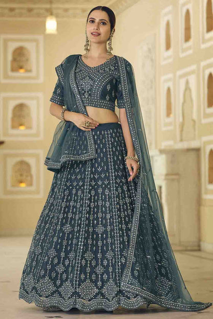 Teal and Blue Colour Soft Net Mirror Work Lehenga Choli LC1080359