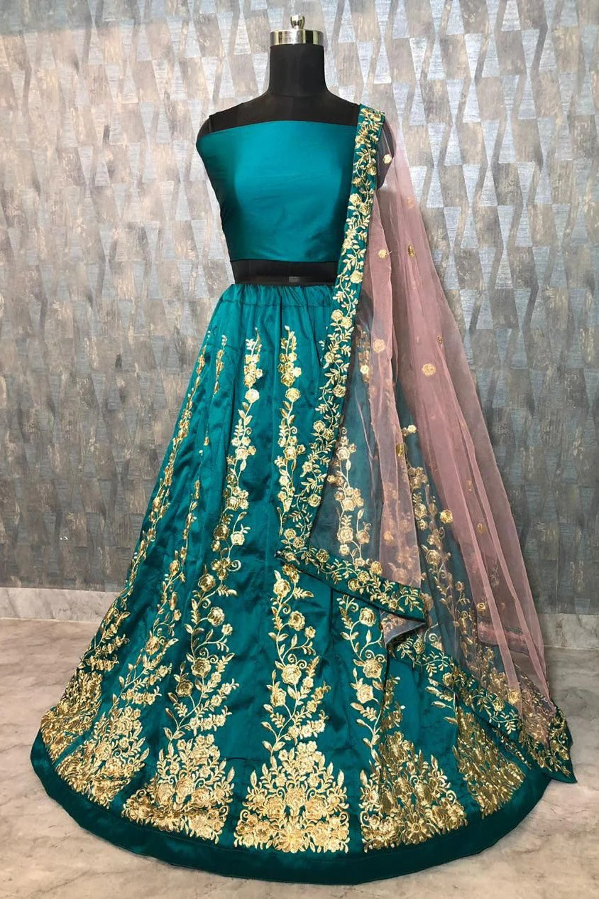 Teal and Blue Colour Taffeta Silk Lehenga Choli LC1020008 A