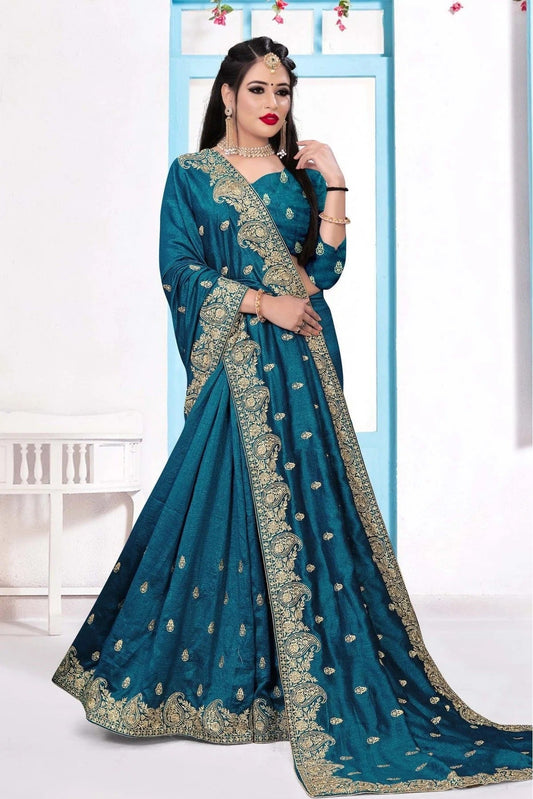 Teal and Blue Colour Vichitra Silk Embroidery Saree SD1090148