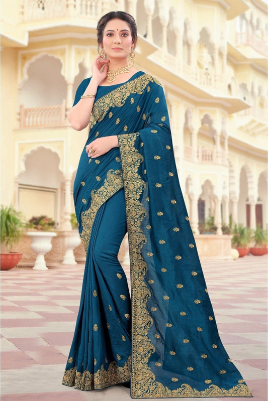 Teal and Blue Colour Vichitra Silk Embroidery Saree SD1090422