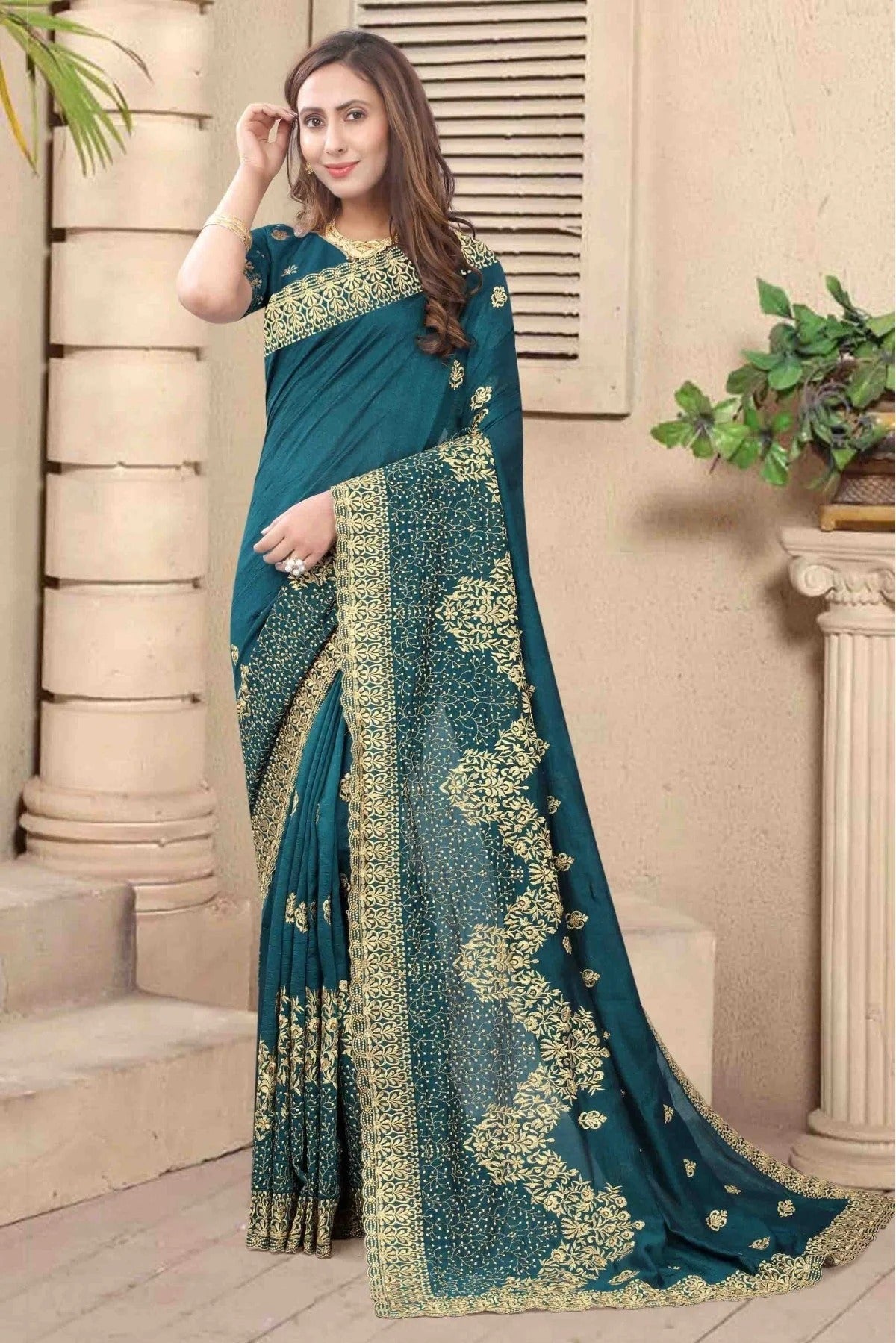 Teal and Blue Colour Vichitra Silk Embroidery Saree SD1120681