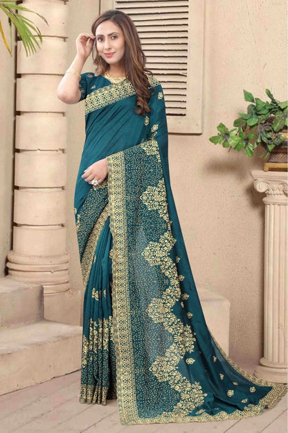 Teal and Blue Colour Vichitra Silk Embroidery Saree SD1120681