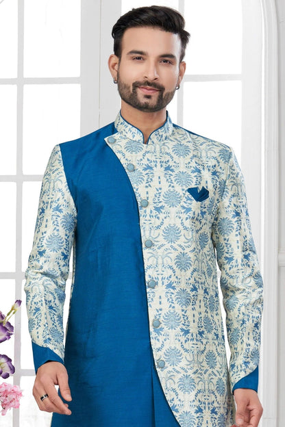 Teal and Cream Colour Silk Dupion Dhoti Sherwani SH1040648 A