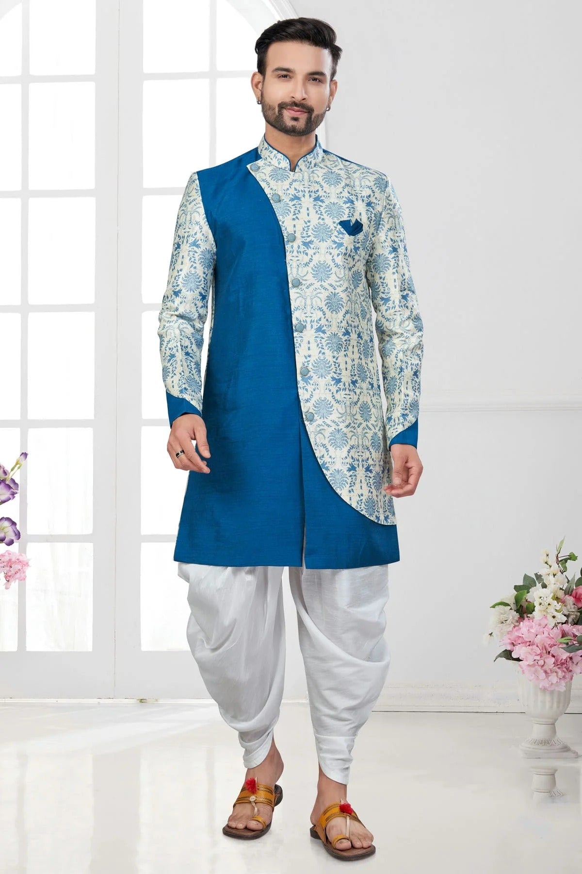 Teal and Cream Colour Silk Dupion Dhoti Sherwani SH1040648