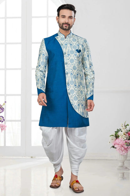 Teal and Cream Colour Silk Dupion Dhoti Sherwani SH1040648