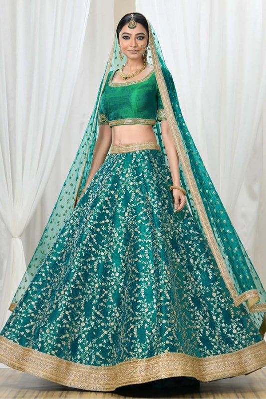 Teal and Green Colour Mulberry Silk Lehenga Choli LC1010059