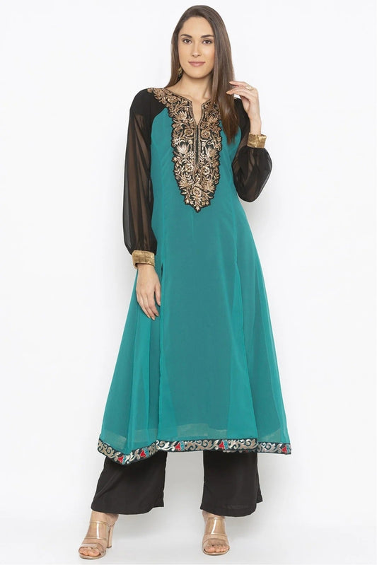 Teal and Green Colour Plus Size Georgette Embroidery Kurta Set KR1070502