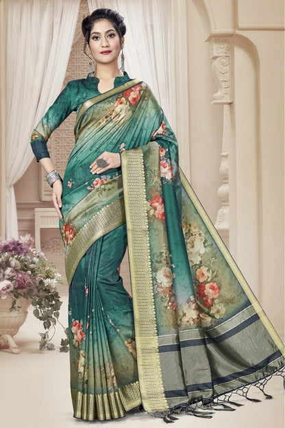 Teal and Green Colour Tussar Silk Printed Saree SD1120646