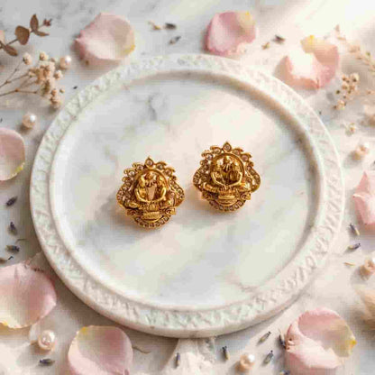 Traditional Micro Gold Tone Goddess Motif Stud Earrings with Crystal Detailing
