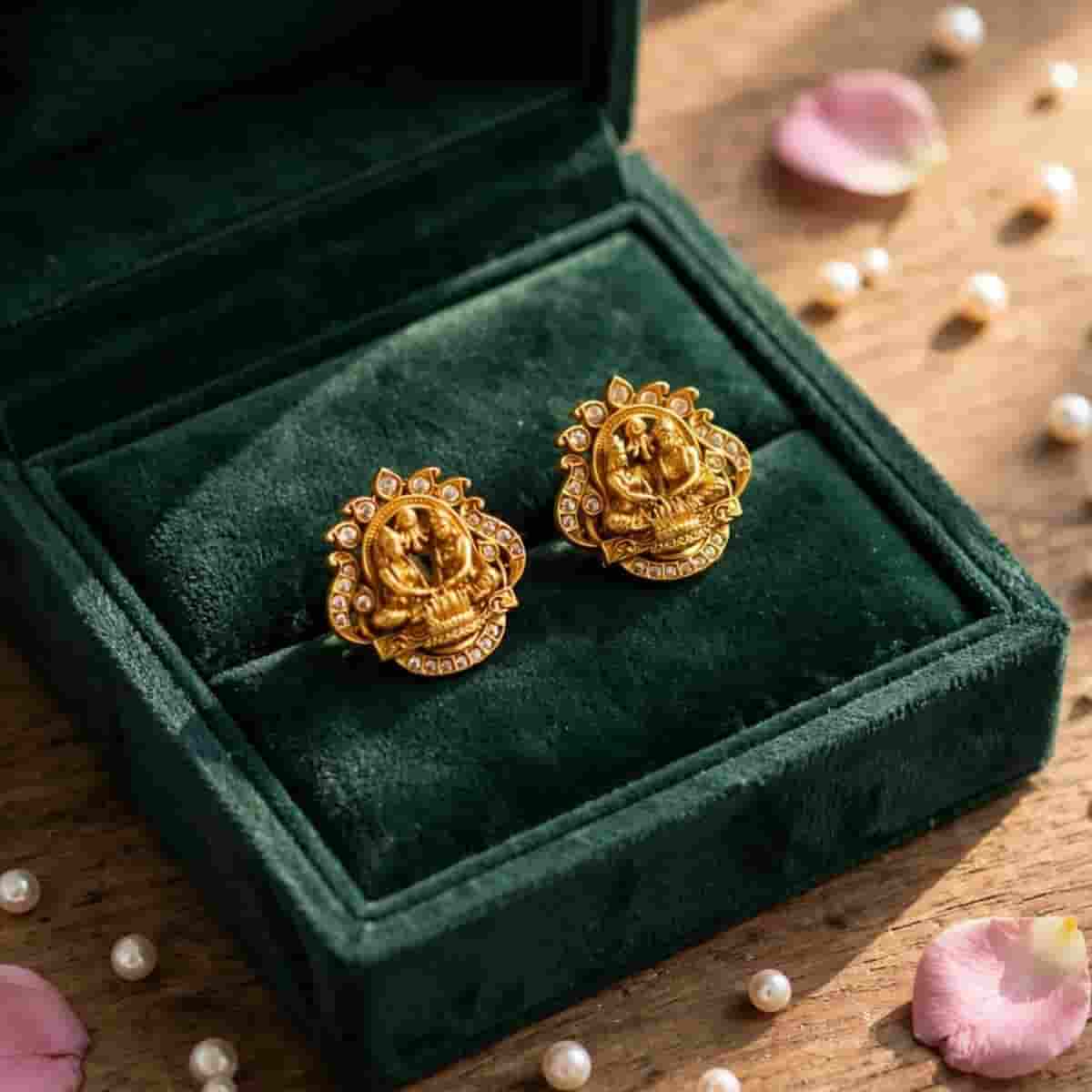 Traditional Micro Gold Tone Goddess Motif Stud Earrings with Crystal Detailing