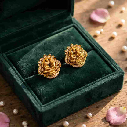 Traditional Micro Gold Tone Goddess Motif Stud Earrings with Crystal Detailing