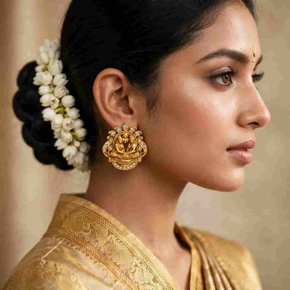 Traditional Micro Gold Tone Goddess Motif Stud Earrings with Crystal Detailing