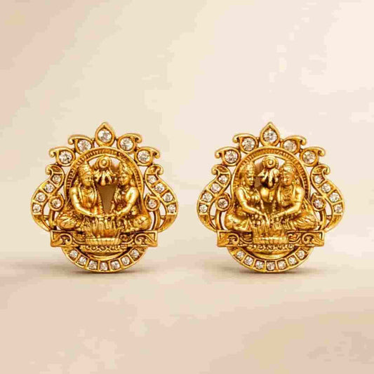 Traditional Micro Gold Tone Goddess Motif Stud Earrings with Crystal Detailing