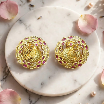 Traditional Micro Gold Tone Round Stud Earrings with Pink Stone Detailing