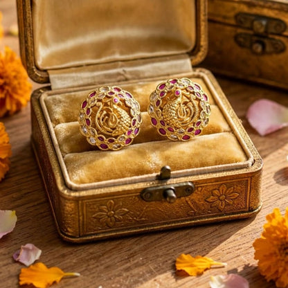 Traditional Micro Gold Tone Round Stud Earrings with Pink Stone Detailing