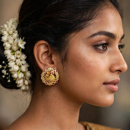 Traditional Micro Gold Tone Round Stud Earrings with Pink Stone Detailing