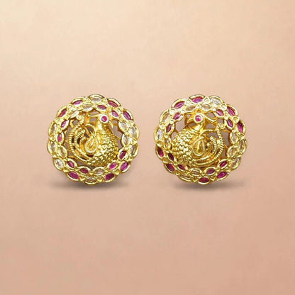 Traditional Micro Gold Tone Round Stud Earrings with Pink Stone Detailing