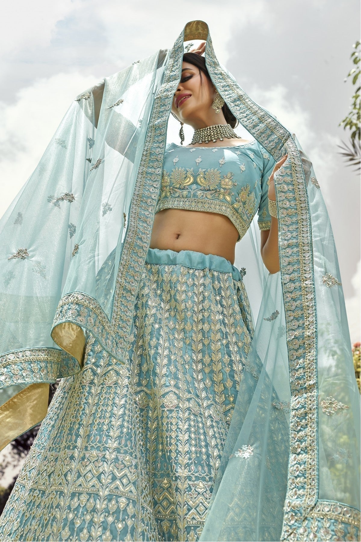 Turquoise and Blue Colour Organza Embroidery Bridal Lehenga Choli LC1080299 A