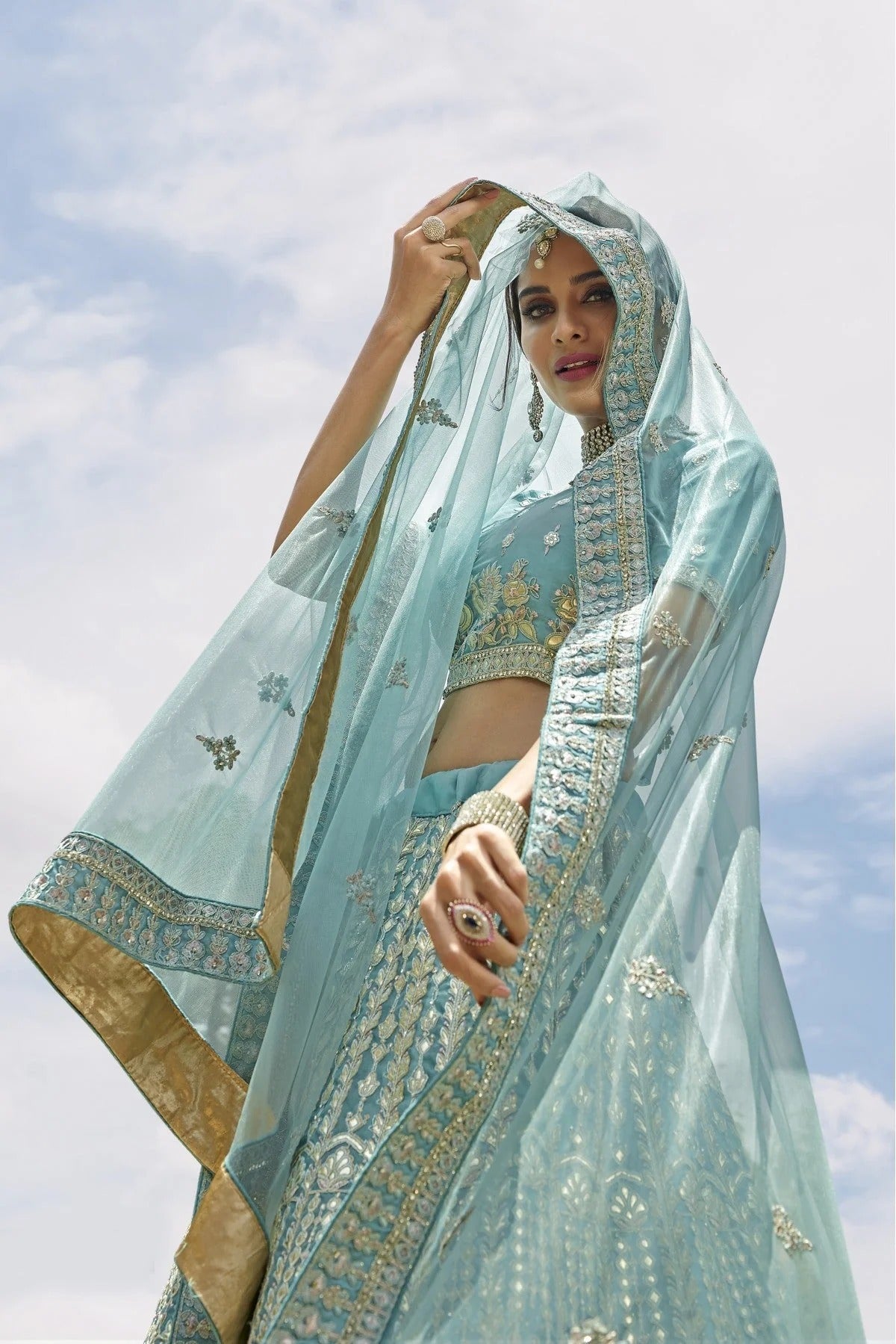 Turquoise and Blue Colour Organza Embroidery Bridal Lehenga Choli LC1080299 B
