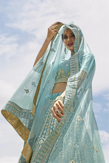 Turquoise and Blue Colour Organza Embroidery Bridal Lehenga Choli LC1080299 B