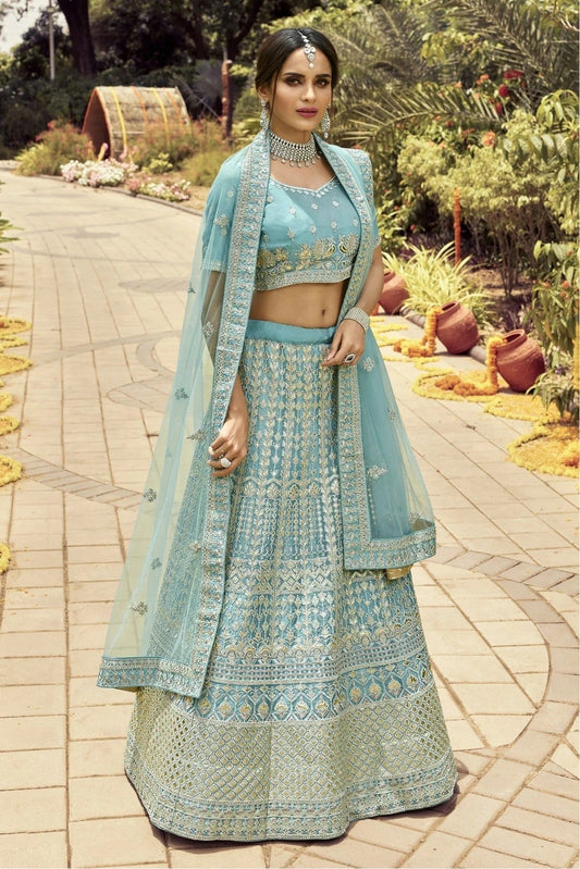 Turquoise and Blue Colour Organza Embroidery Bridal Lehenga Choli LC1080299