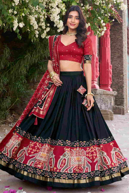 Tussar Silk Zari Woven Work Lehenga Choli In Black Colour