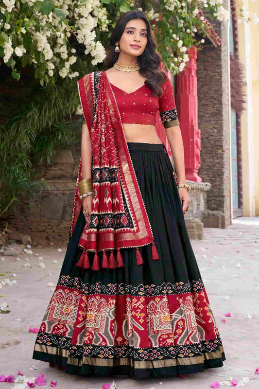 Tussar Silk Zari Woven Work Lehenga Choli In Black Colour