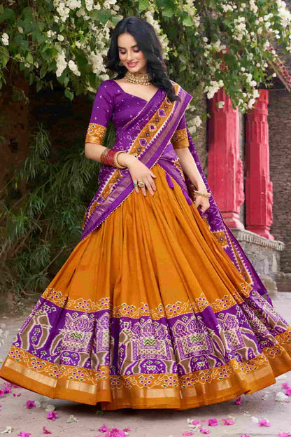 Tussar Silk Zari Woven Work Lehenga Choli In Mustard Colour
