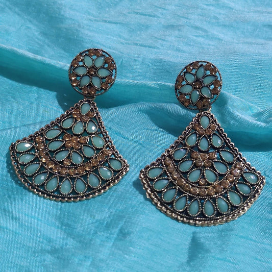 Vastradi Alloy Crystal Fan Stone Work Earring in Aqua Blue Colour ER1200008