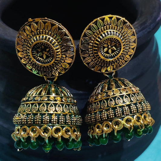 Vastradi Alloy Golden Traditional Jhumka in Green Colour ER1200036