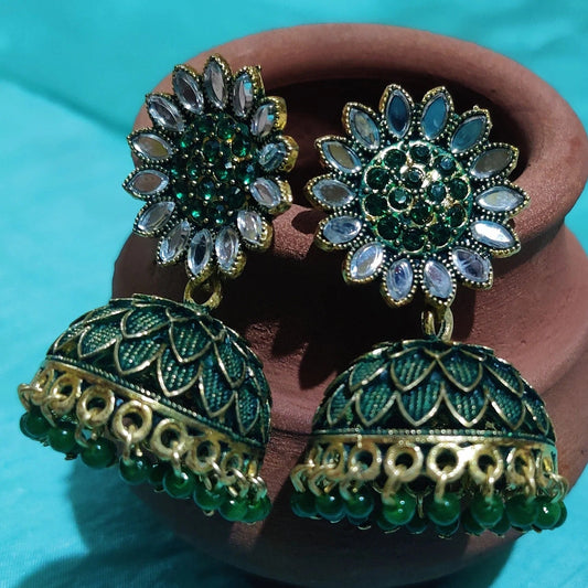 Vastradi Alloy Golden Traditional Jhumka in Green Colour ER1200046