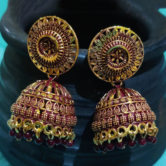 Vastradi Alloy Golden Traditional Jhumka in Maroon Colour ER1200037