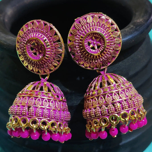 Vastradi Alloy Golden Traditional Jhumka in Pink Colour ER1200035