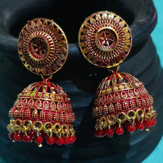 Vastradi Alloy Golden Traditional Jhumka in Red Colour ER1200033