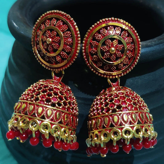 Vastradi Alloy Golden Traditional Jhumka in Red Colour ER1200038