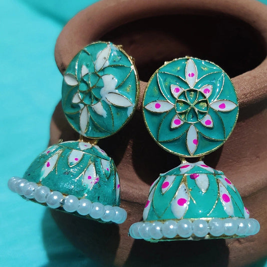Vastradi Alloy Minakari White Beads Jhumki in Aqua Blue Colour ER1200020