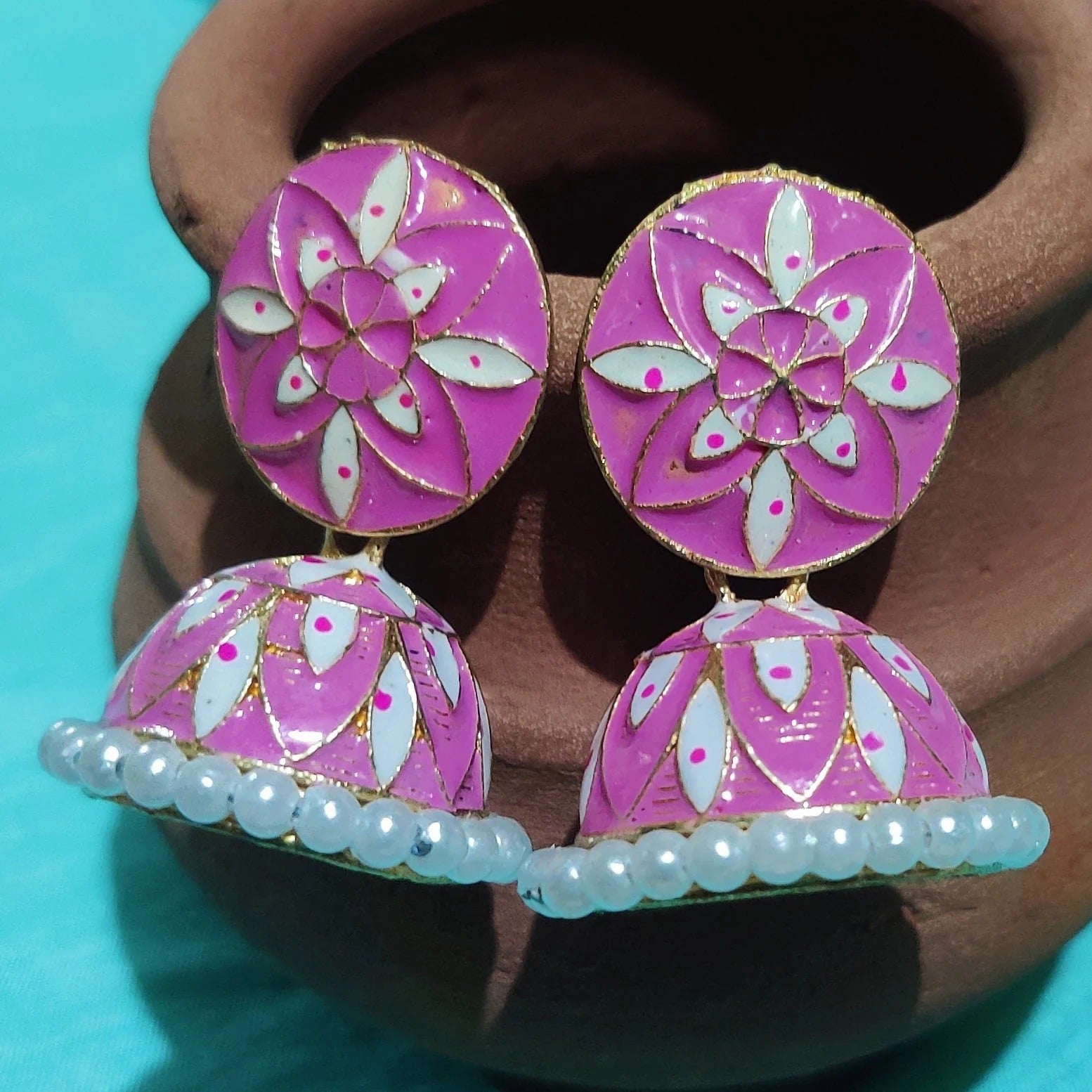 Vastradi Alloy Minakari White Beads Jhumki in Baby Pink Colour ER1200015