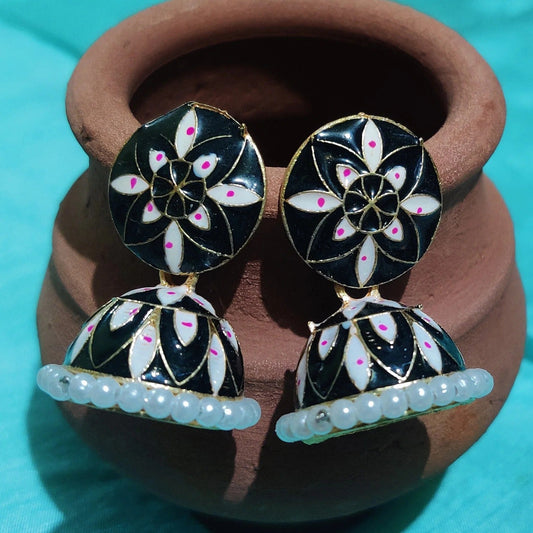 Vastradi Alloy Minakari White Beads Jhumki in Black Colour ER1200013