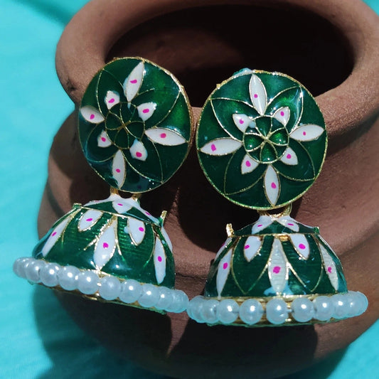 Vastradi Alloy Minakari White Beads Jhumki in Green Colour ER1200018