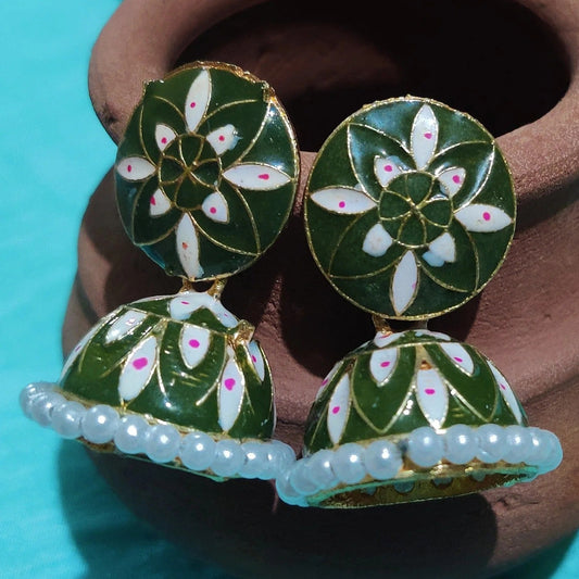 Vastradi Alloy Minakari White Beads Jhumki in Mehendi Green Colour ER1200016