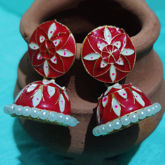 Vastradi Alloy Minakari White Beads Jhumki in Red Colour ER1200011