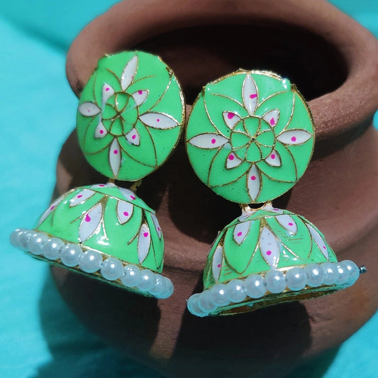 Vastradi Alloy Minakari White Beads Jhumki in Sea Green Colour ER1200019